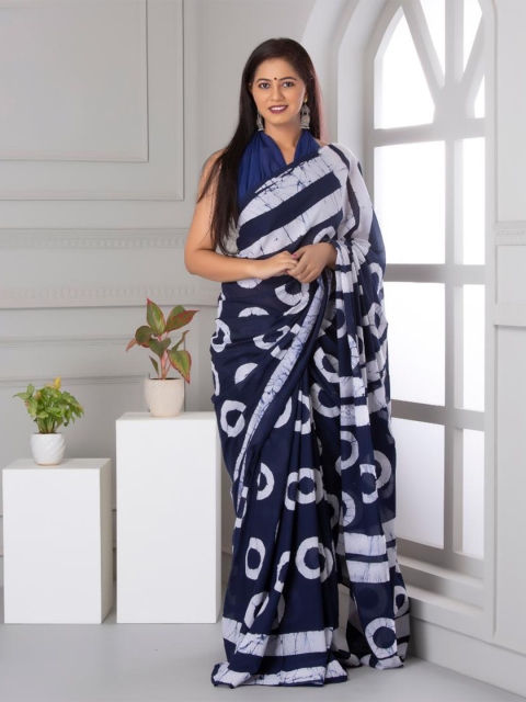 

Baisacrafts Blue & White Pure Cotton Block Print Saree