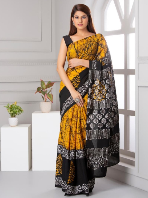 

Baisacrafts Mustard & White Pure Cotton Block Print Saree