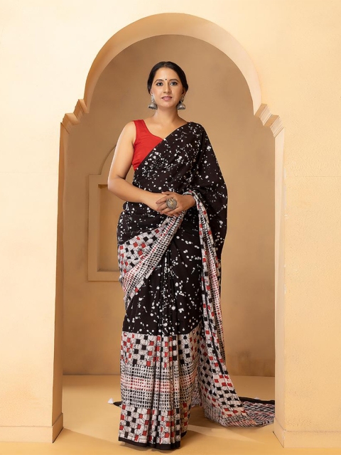 

Baisacrafts Black & White Pure Cotton Block Print Saree