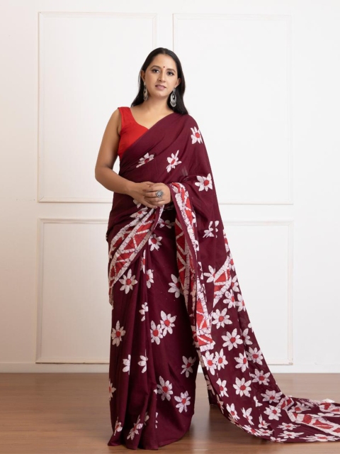 

Baisacrafts Maroon & White Batik Pure Cotton Block Print Saree