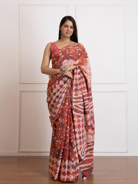 

Baisacrafts Women Orange & White Pure Cotton Block Print Saree