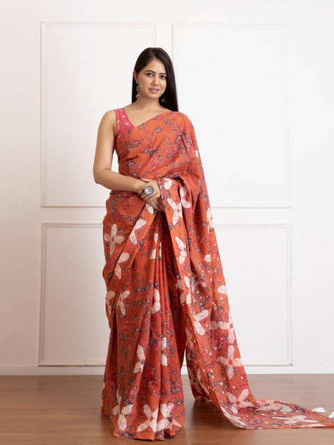 

Baisacrafts Women Orange & White Pure Cotton Saree