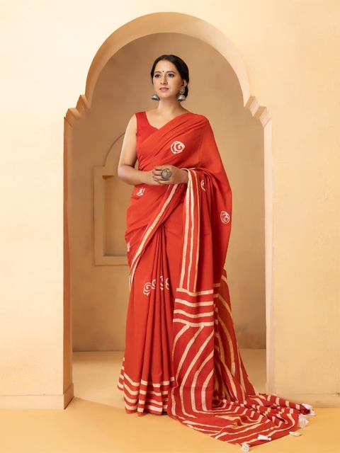 

Baisacrafts Red & White Batik Pure Cotton Saree