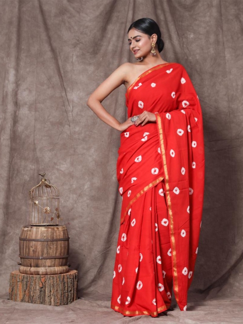 

Baisacrafts Women Orange Batik Zari Pure Cotton Block Print Saree
