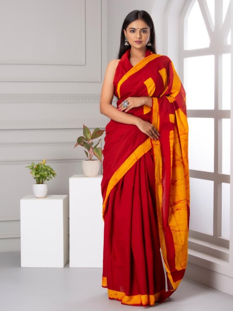 

Baisacrafts Red & Yellow Pure Cotton Block Print Saree