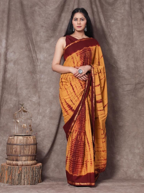 

Baisacrafts Green & Maroon Tie and Dye Pure Cotton Block Print Saree