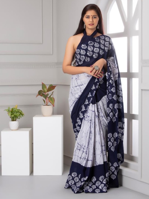 

Baisacrafts Blue & White Pure Cotton Block Print Saree