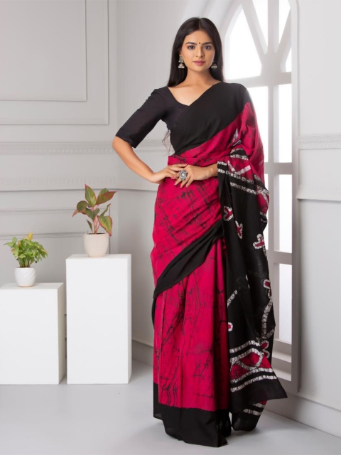 

Baisacrafts Magenta & Black Pure Cotton Block Print Saree with Blouse Piece