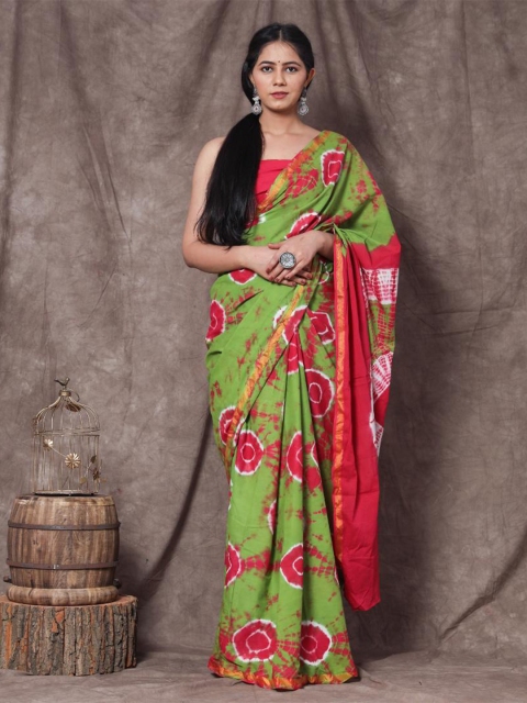 

Baisacrafts Blue & Green Tie and Dye Zari Pure Cotton Saree