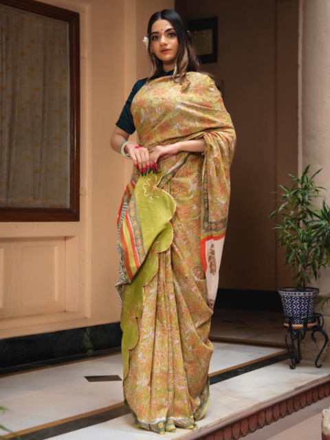 

Baisacrafts Mustard & Green Floral Pure Cotton Block Print Saree
