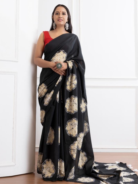 

Baisacrafts Black & Yellow Ethnic Motifs Pure Cotton Block Print Saree