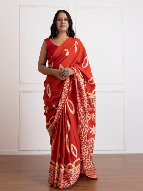 

Baisacrafts Orange & White Batik Pure Cotton Saree