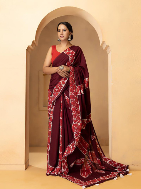 

Baisacrafts Brown & Orange Batik Pure Cotton Block Print Saree