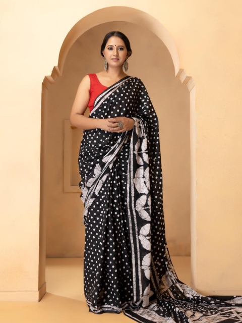 

Baisacrafts Black & White Pure Cotton Block Print Saree