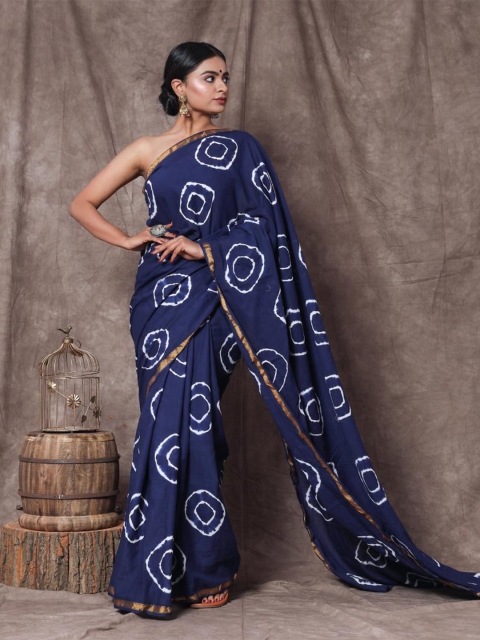 

Baisacrafts Blue & White Bandhani Pure Cotton Block Print Saree