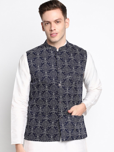 

DEVOILER Men Navy Blue Kurta with Pyjamas Nehru jacket set