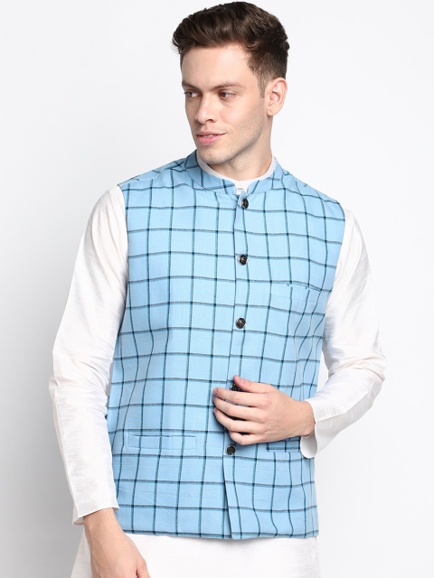 

DEVOILER Men Blue Pleated Kurta with Trousers