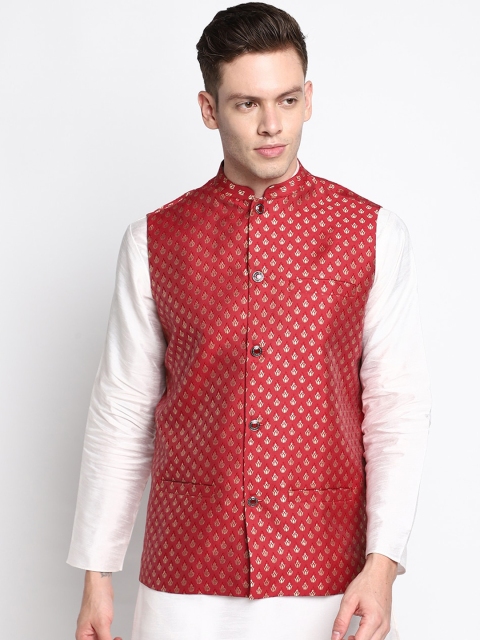 

DEVOILER Men Red Kurta with Trousers Nehru jacket set