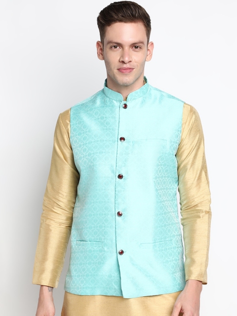 

DEVOILER Men Blue Kurta Pyjamas and Nehru jacket set