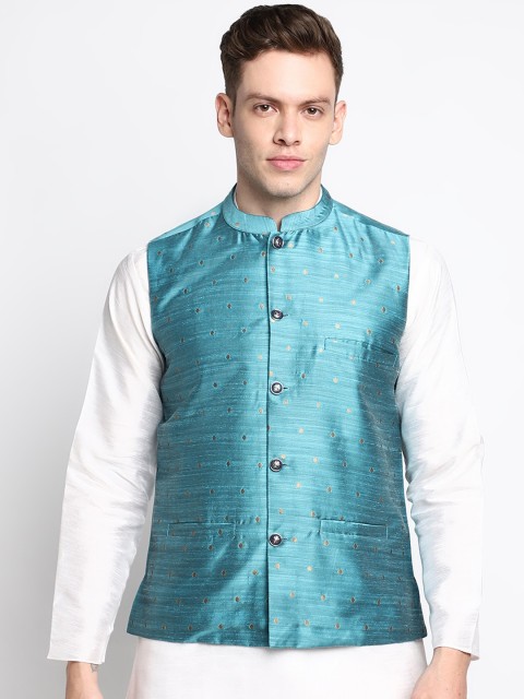 

DEVOILER Men Teal & White Solid Kurta with Pyjamas & Nehru jacket