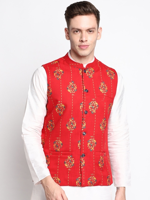 

DEVOILER Men Red Ethnic Motifs Kurta Pyjamas with Nehru Jacket