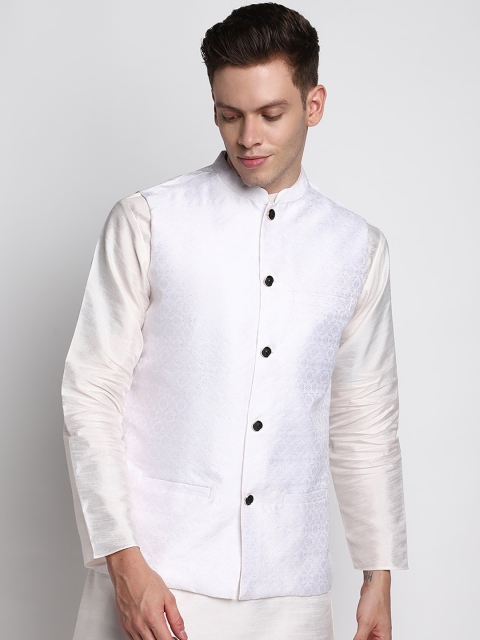 

DEVOILER Men White Empire Kurta With Pyjamas And Nehru Jacket Set