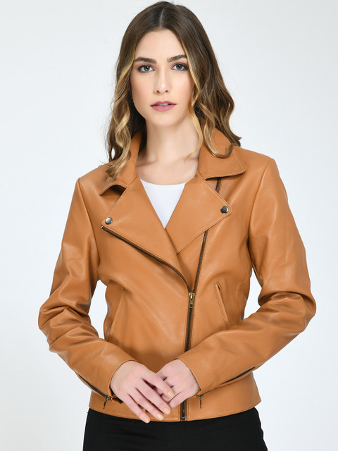 

Pactorn Women Tan Leather Biker Jacket