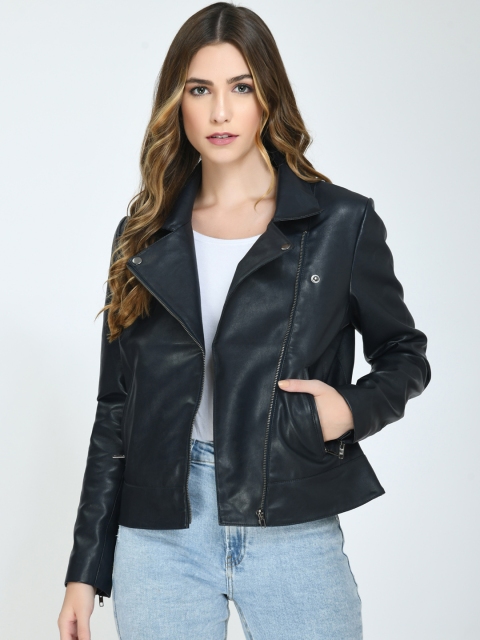 

Pactorn Women Navy Blue Leather Jacket