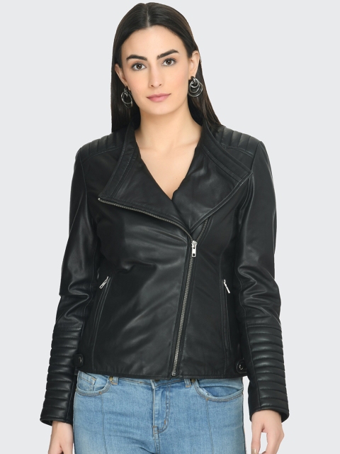

Pactorn Women Black Leather Crop Biker Jacket