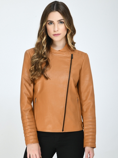 

Pactorn Women Tan Leather Biker Jacket