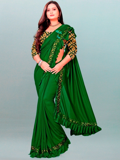 

APNISHA Green & Gold-Toned Ruffles Saree