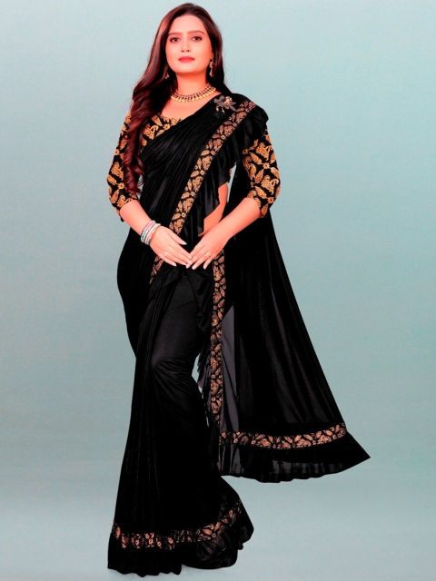 

APNISHA Black & Gold-Toned Lycra Plain Saree