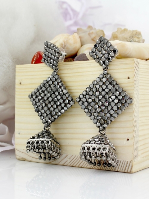 

NAKABH Silver-Toned Geometric Jhumkas Earrings