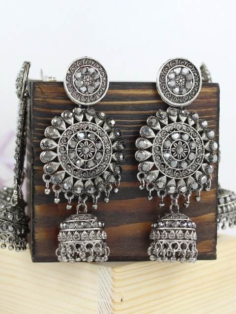 

NAKABH Silver-Toned Geometric Jhumkas Earrings