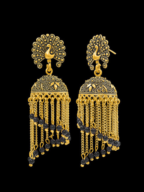 

NAKABH Gold-Toned & Black Oxidised Peacock Shaped Jhumkas Earrings