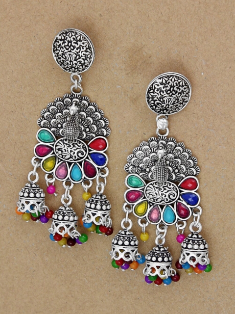 

NAKABH Women Silver-Toned Peacock Shaped Jhumkas Earrings