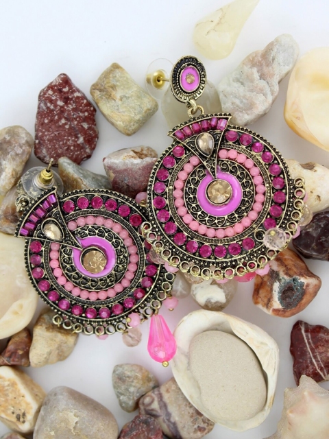 

NAKABH Gold-Plated & Pink Oxidised Classic Meenakari Drop Earrings