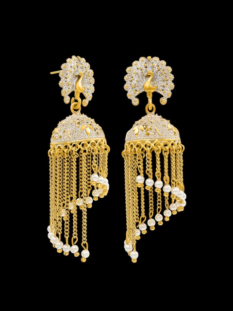 

NAKABH Gold-Toned & White Peacock Shaped Jhumkas Earrings