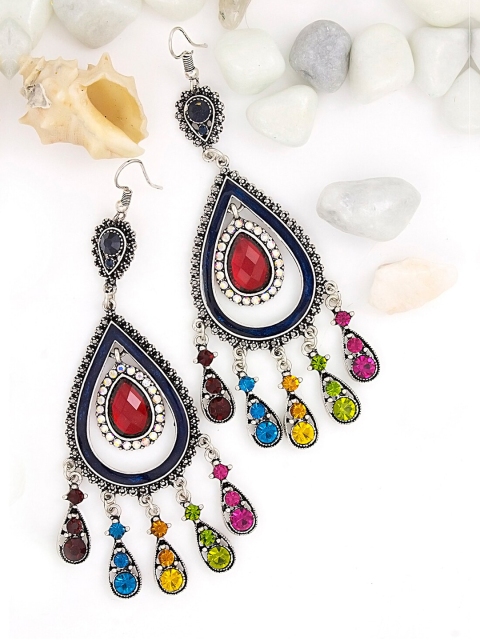 

NAKABH Silver-Plated & Red Oxidised Teardrop Shaped Drop Earrings