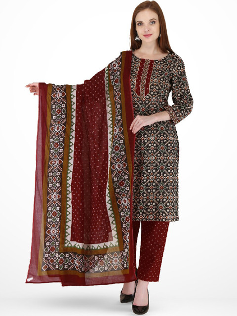 

ERISHA Women Black Ethnic Motifs Printed Pure Cotton Kurta with Trousers & With Dupatta