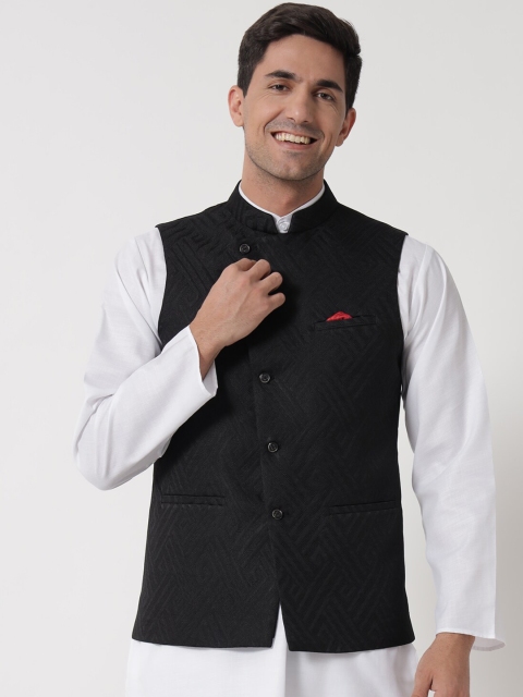 

MAXENCE Men Black Self-Design Woven Nehru Jacket
