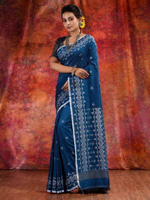 

Charukriti Teal & White Woven Design Pure Cotton Handloom Saree