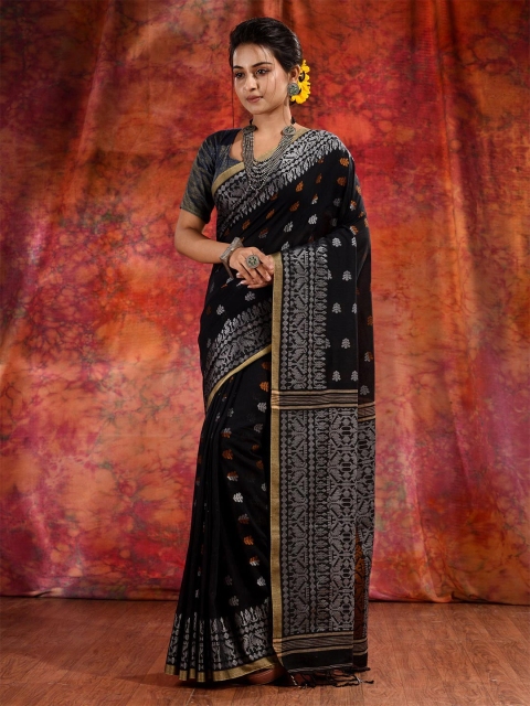 

Charukriti Black & Silver-Toned Woven Design Zari Pure Cotton Saree