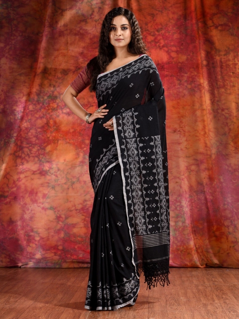 

Charukriti Black & Silver-Toned Woven Design Pure Cotton Saree