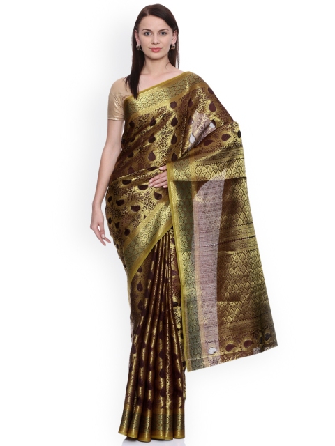 

MIMOSA Gold-Toned & Coffee Brown Art Silk Woven Design Kanjeevaram Saree