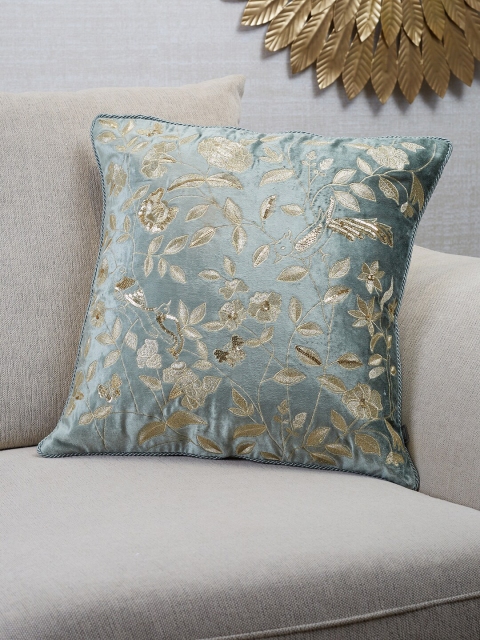 

HomeTown Green & Gold-Toned Floral Velvet Square Cushion Cover