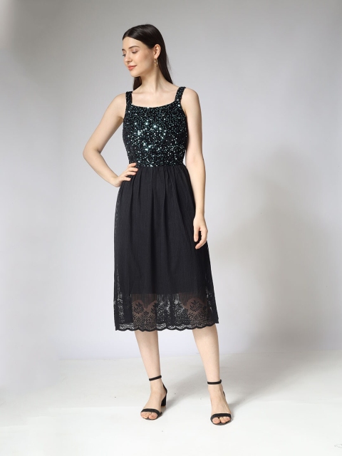 

The Label Bar Women Black & Green Sequined Georgette A-Line Midi Dress