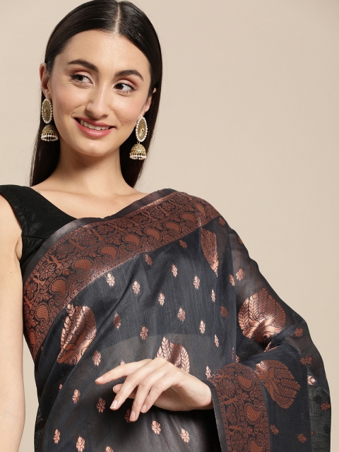 

Mitera Black & Copper-Toned Woven Design Zari Silk Cotton Banarasi Saree