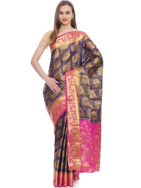 

MIMOSA Navy & Golden Art Silk Zari Woven Kanjeevaram Saree, Navy blue