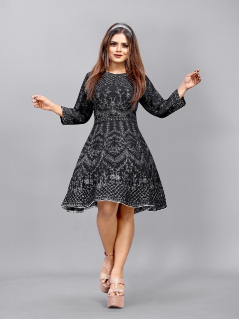 

APNISHA Black Ethnic Motifs Embroidered Georgette Dress